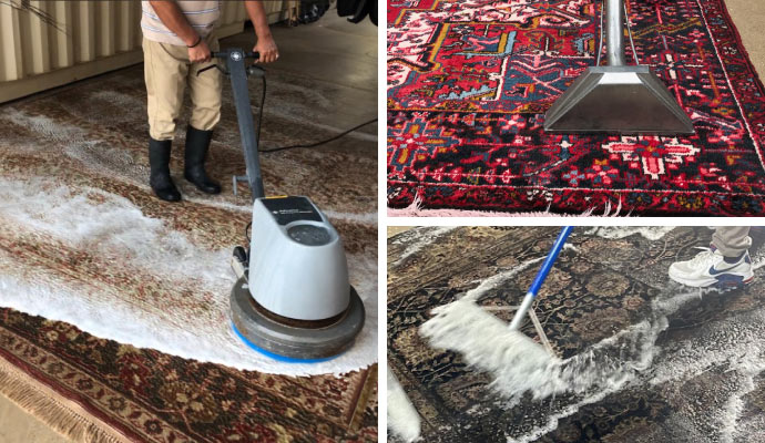 Collage of different types of rug cleaning using equipment