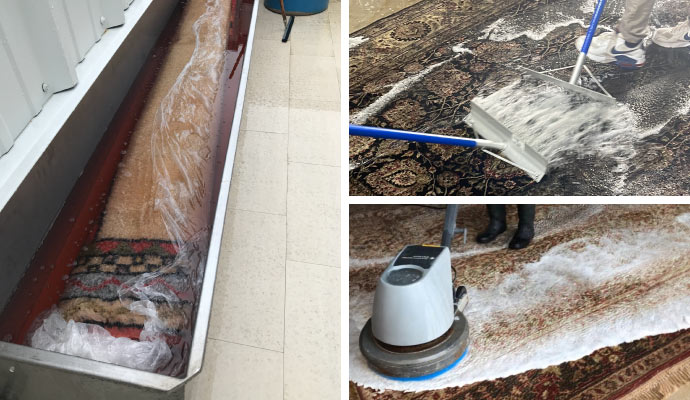 Collage of different types of rug cleaning Process