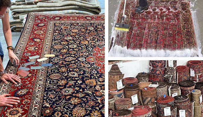 Collage of rug inspection for color correction rug cleaning and ready for delivery