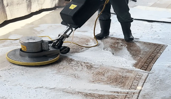 A professional cleaning a rug