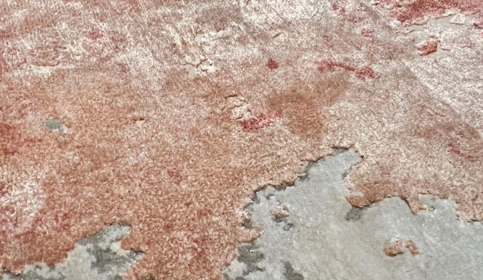 a red rug partially damaged