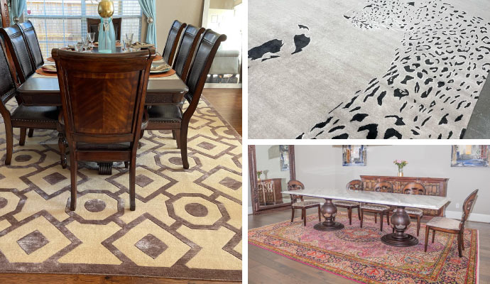 collage of different types of rugs in different rooms